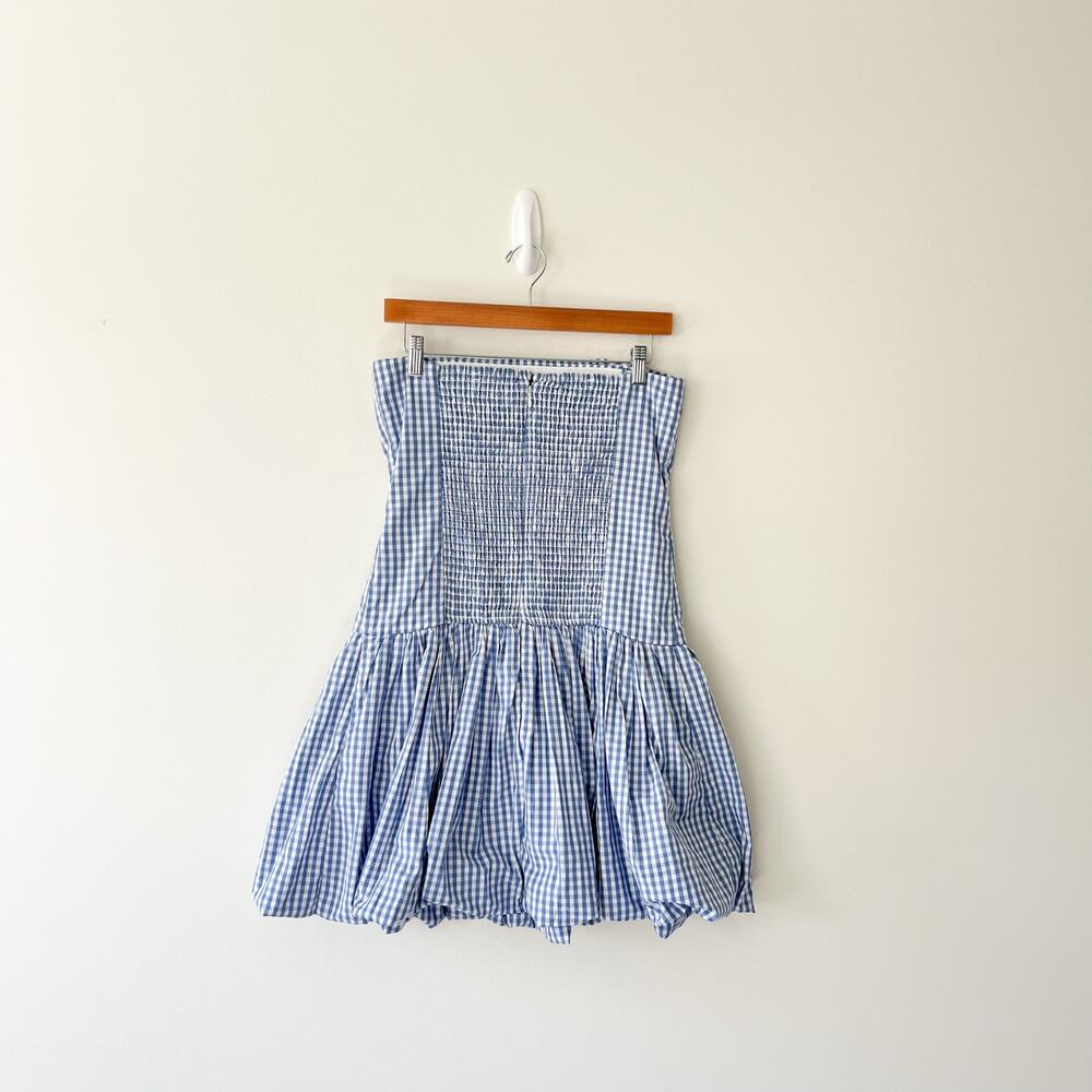 Abercrombie & Fitch Strapless Bubble Hem Mini Dress in Blue Gingham Medium Tall - Picture 3 of 11
